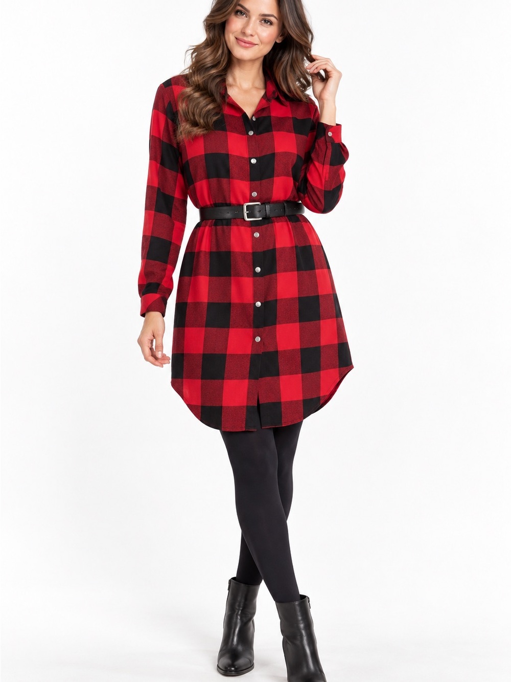 zeagoo Red and Black Buffalo Plaid Long Sleeve Shirt Dress